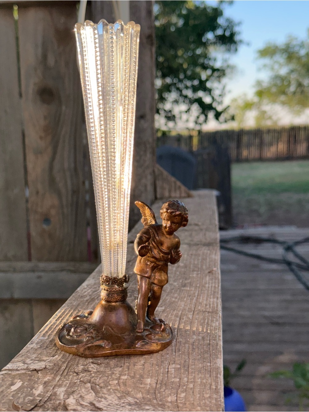 Antique Cherub Bud Vase - Clear Glass & Brass Tone